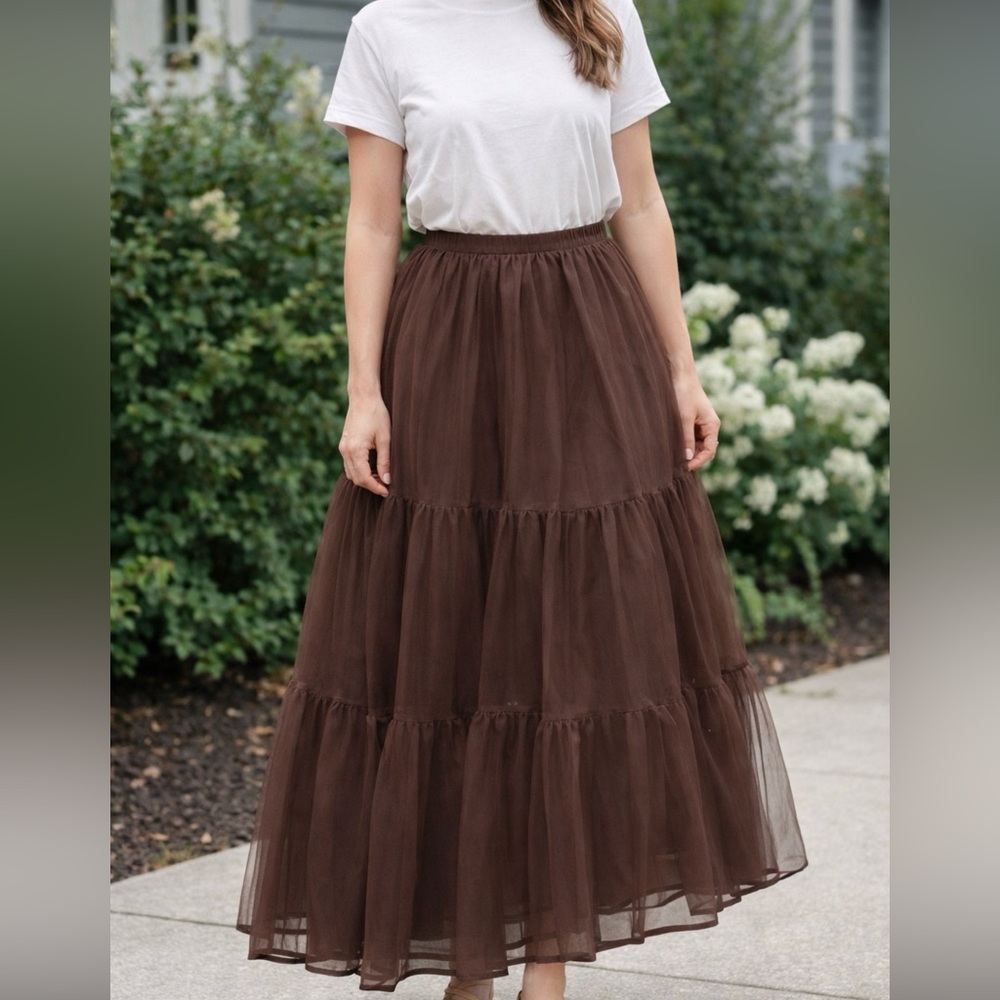 Pleated Maxi Tulle A-Line Skirt chic brown small Boho Spring NWT